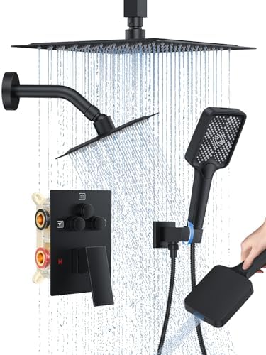 Woindo Shower Faucet Set, 10" Ceiling Mount Rainfall Shower System with 2 Rain Shower Head and Multi-function Handheld Head Push Button Diverter Shower Faucet Trim Kit