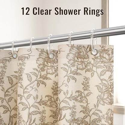 Farmhouse Brown Floral Shower Curtain with 12 Clear Rings 72"W x 72"L