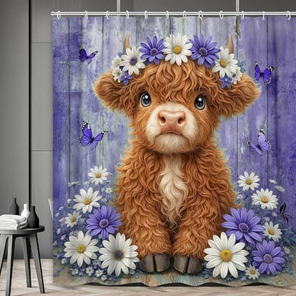 Cute Cow Shower Curtain, Farmhouse Rustic Purple Floral Daisy Highland Cow Shower Curtains for Bathroom, Calf Country Farm Animal Garden Plant Fabric Bathroom Decor with Hooks, 70x84 inch