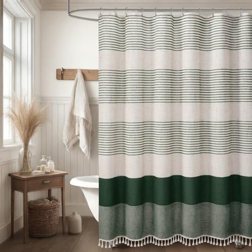 Dark Green Boho Linen Striped Shower Curtain with Tassel 72"W X 72"L