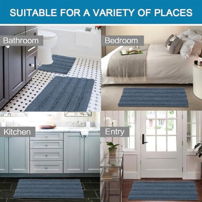H.VERSAILTEX Bathroom Rug Sets 2 Piece Bath Mats Non Slip Thick Soft Chenille Striped Bath Rug achine Washable Shower Floor Rugs for Tub, Shower and Floor (Blue Indigo, 47"x17" Plus 20"x20" U)