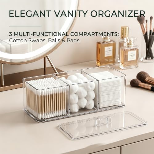 Clear Bathroom Organizer with Lid, 3 Compartment Cotton Swab Holder