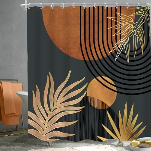 Mid Century Brown Black Boho Abstract Modern Bathroom Shower Curtain Set