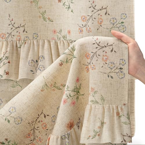Floral Farmhouse Vintage French Country Ruffle Linen Shower Curtain 72Wx72H