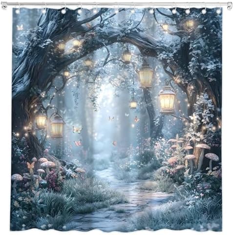 Fantasy Forest Path Shower Curtain Winter Fairy Magical Enchanted Misty Jungle Mushroom Floral Tree Butterfly Lantern Wonderland Bath Curtain Fabric Bathroom Accessories Decor with Hooks 80W x70L