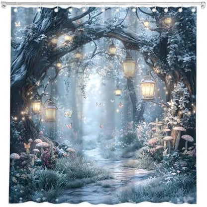 Fantasy Forest Path Shower Curtain Winter Fairy Magical Enchanted Misty Jungle Mushroom Floral Tree Butterfly Lantern Wonderland Bath Curtain Fabric Bathroom Accessories Decor with Hooks 80W x70L