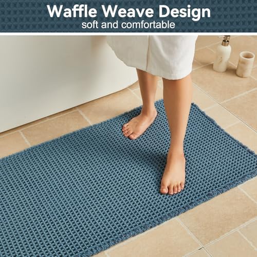 Triohero Waffle Bath Mat, Boho Bathroom Rugs Non Slip, 24x36 Denim Blue