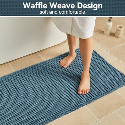 Triohero Waffle Bath Mat, Boho Bathroom Rugs Non Slip, 24x48 Denim Blue