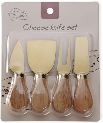 Linwnil 4-Piece Set of Stainless Steel Cheese Knives with Wood Hand, Including Cheese Slicer and Cheese Cutters, Essential Cheese Tools for the Kitchen (Oak handle, Gold)