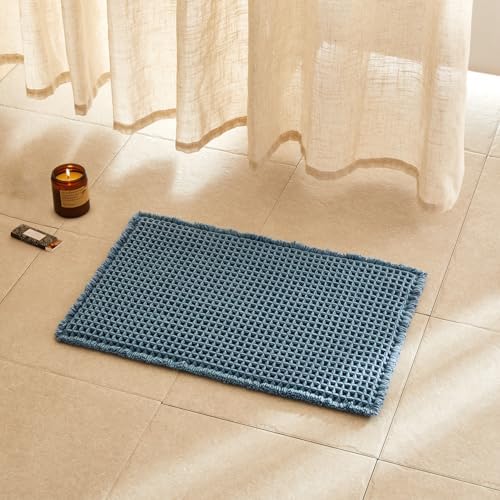TYUU Waffle Bath Mat, Small Boho Bathroom Rugs Non Slip 24x16 Denim Blue
