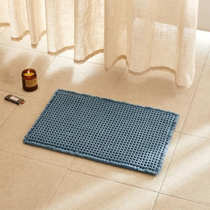 TYUU Waffle Bath Mat, Small Boho Bathroom Rugs Non Slip 24x16 Denim Blue