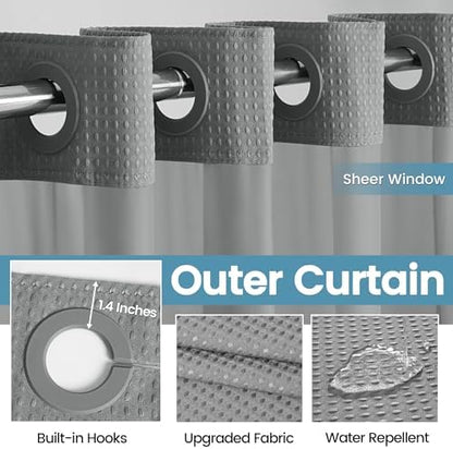 EUTXL Heavyweight No Hook Shower Curtain with Liner, Grey, 48x74