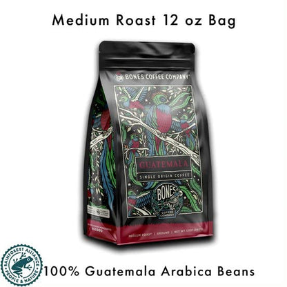 Bones Coffee Company Guatemala Single-Origin, Milk Chocolate, Citrus and Caramel Notes, Whole Coffee Beans, Low Acid Medium Roast Arabica Beans Flavored Coffee, 12 oz Whole Bean