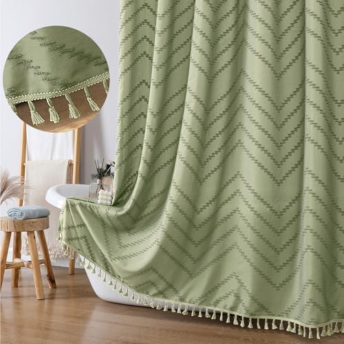 OWENIE Boho Shower Curtain, Light Green Fabric Cloth Shower Curtains Farmhouse Tufted Chevron Striped Textured with Tassel for Bathroom, Soft Hotel Style Modern Minimalist, Machine Washable, 72x72
