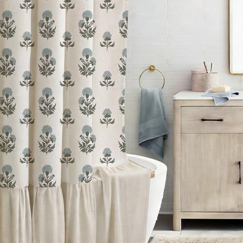 ORTIGIA Linen Textured Ruffle Shower Curtain with Metal Hooks, Vintage Blue Floral Block Print Boho Waterproof Bath Curtain for Rustic Farmhouse Bathroom Decor 72x72 Inch