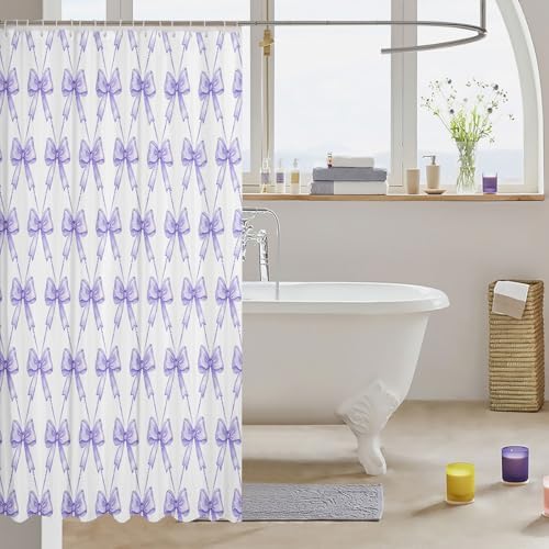 jejeloiu Purple Bow Shower Curtain 72"x84" Cute Bowknot Bath Curtain Boys Girls Kawaii Bathroom Shower Curtain Set for Kids Women Men Bow and Stripes Kids Bathroom Accessories