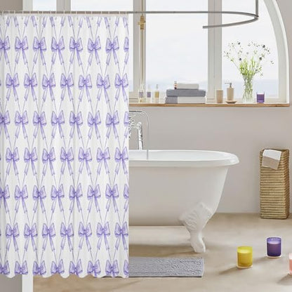 jejeloiu Purple Bow Shower Curtain 72"x84" Cute Bowknot Bath Curtain Boys Girls Kawaii Bathroom Shower Curtain Set for Kids Women Men Bow and Stripes Kids Bathroom Accessories