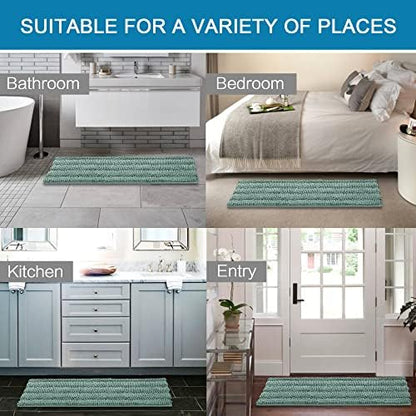 H.VERSAILTEX Bath Rugs for Bathroom Non Slip Bath Mats Extra Thick Chenille Striped Bath Rug Runners 47" x 17" Absorbent Fluffy Soft Shaggy Mats Plush Area Carpet for Bath Room - Eggshell Blue