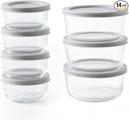 14-Piece Glass Food Storage Containers Set (7 Containers + 7 BPA-Free Lids) | 1-Cup & 4-Cup, Leakproof | Microwave, Freezer, Oven & Dishwasher Safe | Ideal for Meal Prep & Pantry Organization, Grey