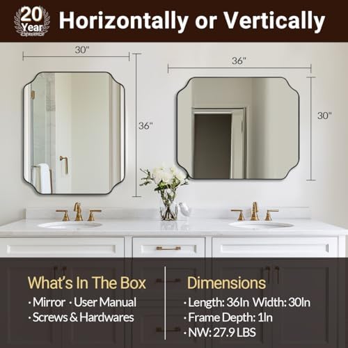 ANDY STAR 30x36 Inch Bathroom Mirror, Matte Black Vanity Mirror, Modern Scalloped Mirror in Premium Stainless Steel Metal Thin Frame, Unique Rounded Notched Corners, Hangs Vertically or Horizontally