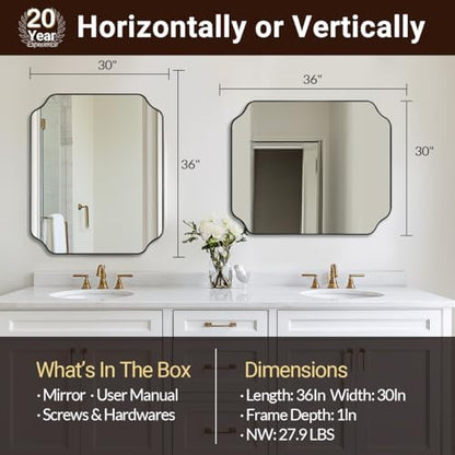 ANDY STAR 30x36 Inch Bathroom Mirror, Matte Black Vanity Mirror, Modern Scalloped Mirror in Premium Stainless Steel Metal Thin Frame, Unique Rounded Notched Corners, Hangs Vertically or Horizontally