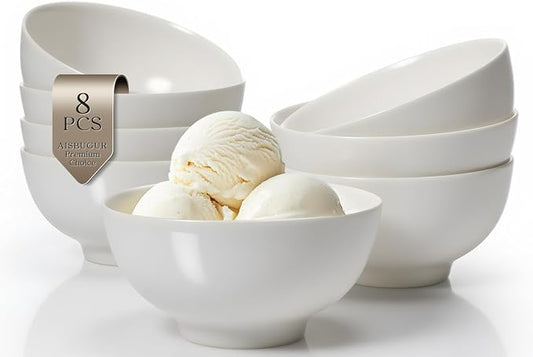 AISBUGUR Dessert Bowls Set of 8,10 OZ Ceramic Small Bowls for Kitchen,4.5 "White Ice Cream Bowls for Dishwasher & Microwave Safe