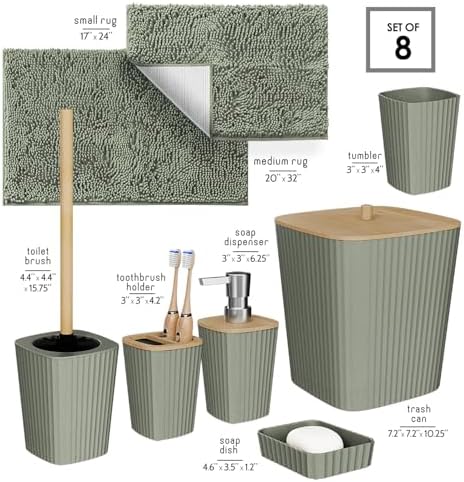Clara Clark Bathroom Set - Sage Green Bathroom Accessories Set, 6PC Bathroom Accessory Set, Bathroom Sets with Bathroom Rugs, Toilet Brush, Trash Can & Soap Dispenser