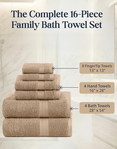 LANE LINEN Towel Set Quick Dry 100% Cotton 16 Piece Soft Absorbent - Taupe