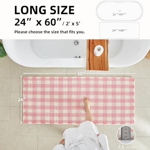 TYUU Waffle Runner Rug Bathroom, Long Cute Bath Mat, 60x24 Pink & White