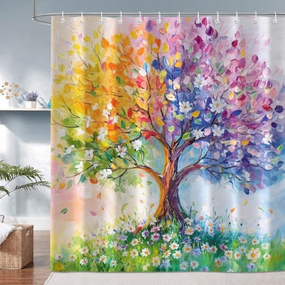 Watercolor Oil Painting Tree Shower Curtains, Colored Seasons Trees Floral Fabric Shower Curtain Set Colorful Abstract Aesthetic Bath Curtain for Bathroom Decor Waterproof Cloth with Hooks 72X78 Inch