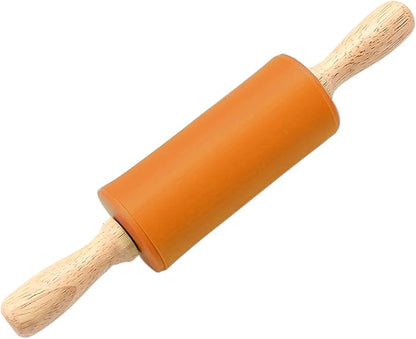 Silicone Rolling Pin, Orange 9 Inch Pin with Wooden Rotatable Handle for Dough of Baking Bread, Cookie, Pizza (orange, 9 inch)