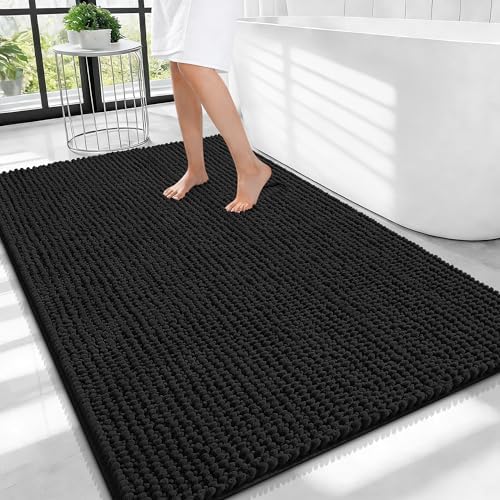 OLANLY Thick Chenille Large Bathroom Rugs 40x32, Absorbent Bath Mat, Black
