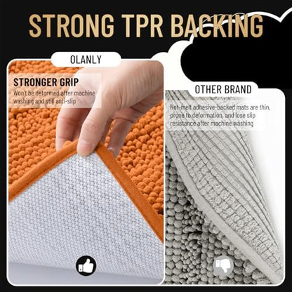 OLANLY Thick Bathroom Rugs 36x24, Soft Chenille Striped Bath Rugs, Clay