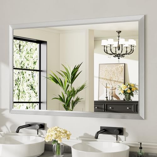 Briivue Bathroom Wall Mirror, Silver Brushed Nickel Metal Frame, 55x36 Inch