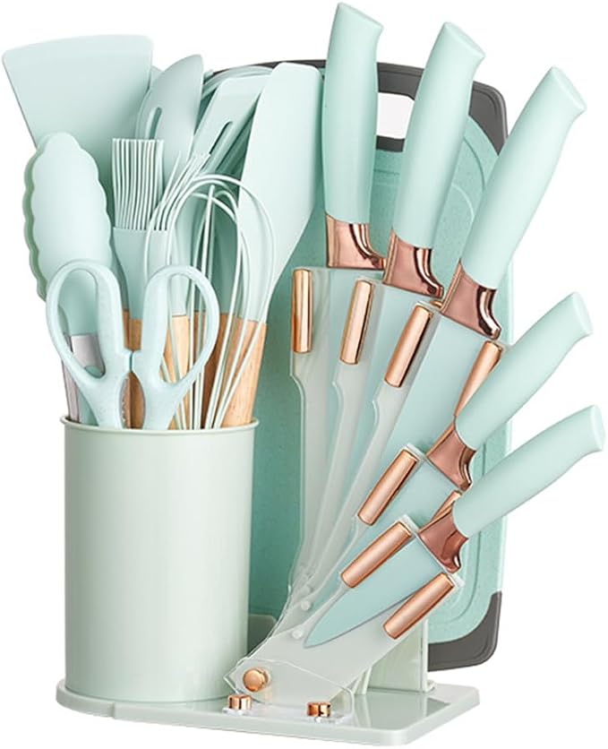 19 Pieces Kitchen Cooking Utensils and Knife Set with Holder Block, Include 11 Pcs Silicone Cooking Utensils 5 Pcs Sharp Stainless Steel Knives Scissors Whisk Tongs and Cutting Board (LIGHT BLUE)