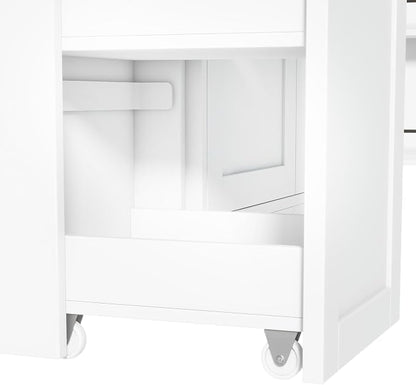 VilroCaz Farmhouse Style Large Kitchen Pantry with Hutch, Freestanding Wood Storage Cabinet Cupboard with Pull-Out Side Cabinet, Door Shelves and Drawer (White-6.10)
