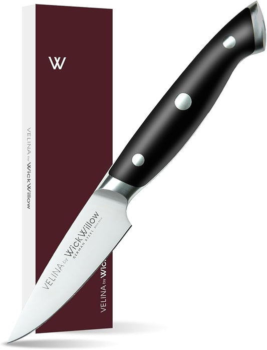 WICKWILLOW 3.5 Inch Paring Knife - Razor Sharp German Steel - Small Kitchen Knife for Home Cooks - Peeling, Trimming & Precision Work - Full Tang & Ergonomic Handle - Gift Box - Velina Series