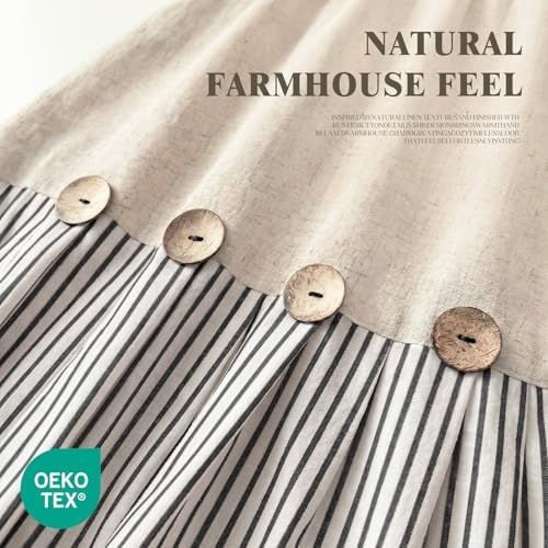 Farmhouse Shower Curtain Linen Button Black Stripe 72" W x 72" L