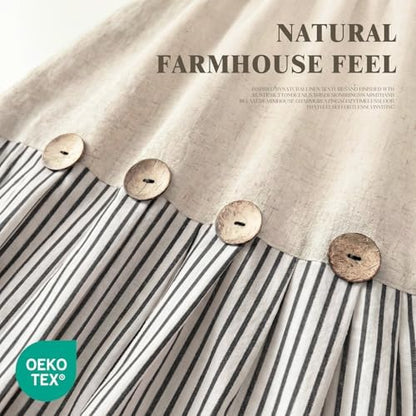 Farmhouse Shower Curtain Linen Button Black Stripe 72" W x 72" L