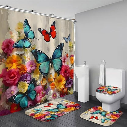 Chrainy 4pcs Flower Butterflies Shower Cutain Set Bathroom Decor with Rugs