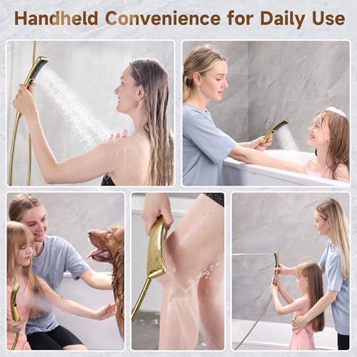 BRIGHT SHOWERS Dual Shower Head with Handheld, High Pressure Rainfall Shower Head Combo, 60-Inch Stainless Steel Hose, Brushed Gold