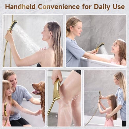 BRIGHT SHOWERS Dual Shower Head with Handheld, High Pressure Rainfall Shower Head Combo, 60-Inch Stainless Steel Hose, Brushed Gold