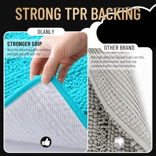 OLANLY Thick Bathroom Runner Rugs 44x24, Soft Chenille Bath Rugs, Aqua Sky