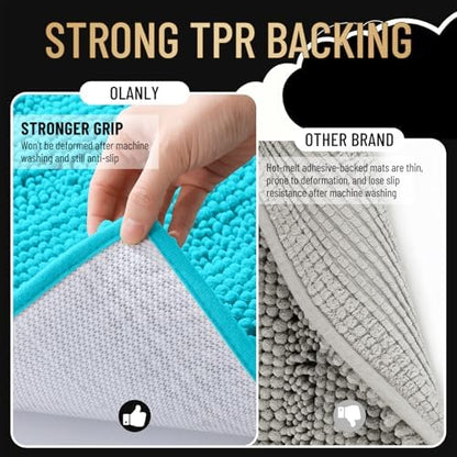OLANLY Thick Bathroom Runner Rugs 44x24, Soft Chenille Bath Rugs, Aqua Sky