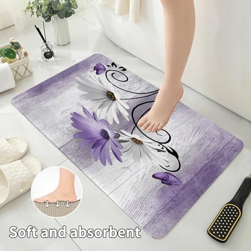 Onalasyc 4PCS Purple Daisy Bathroom Sets with Shower Curtain and Rugs