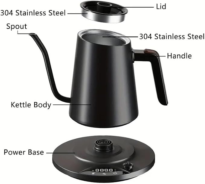 Gooseneck Electric Kettle with ±1℉ Temperature Control & Keep Warm for Pour Over Coffee & Tea, Rapid Boil, 304 Stainless Steel, Built-in Brew Timer, 1000W/ 0.9L