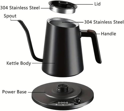 Gooseneck Electric Kettle with ±1℉ Temperature Control & Keep Warm for Pour Over Coffee & Tea, Rapid Boil, 304 Stainless Steel, Built-in Brew Timer, 1000W/ 0.9L
