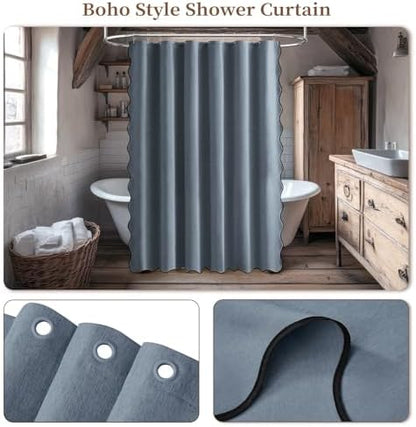 BTTN Blue Grey Boho Scalloped Linen Textured Cloth Shower Curtain, 72x72
