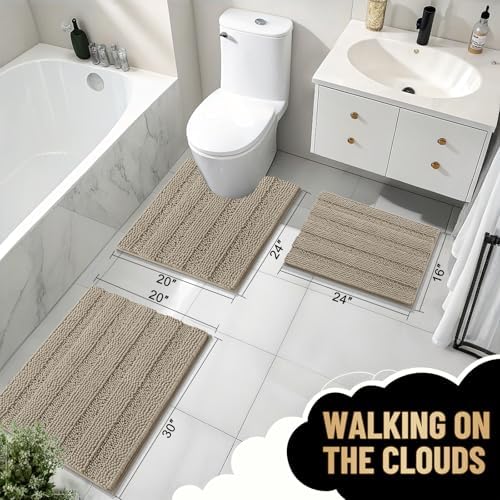 OLANLY Thick Bathroom Rugs 30x20, Chenille Striped Bath Rugs, Warm Taupe