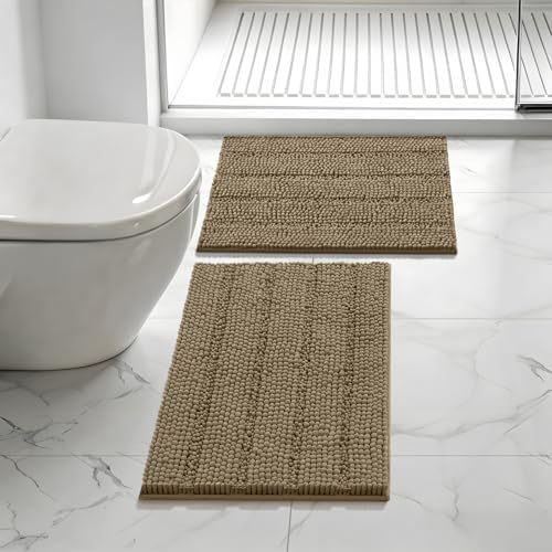 Bcoimo Bath Rugs Mat Set,2 Piece Non Slip Chenille Latte Bathroom Mat Sets